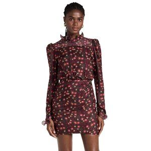 Saloni Dotty Ruffled Printed Silk Burgundy Mini Dress $650 Size 8